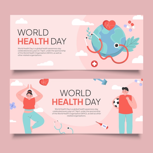 Hand drawn flat world health day horizontal banner set collection