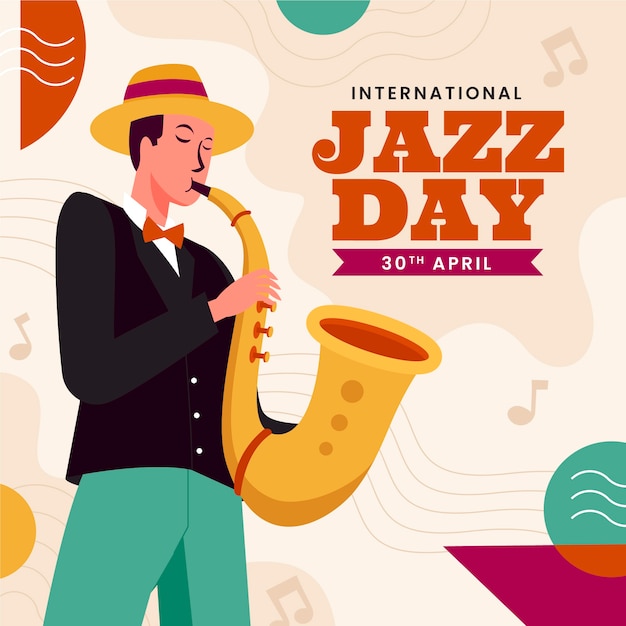 Hand drawn flat world jazz day illustration