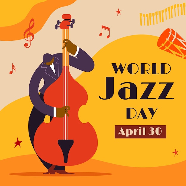 Hand drawn flat world jazz day illustration