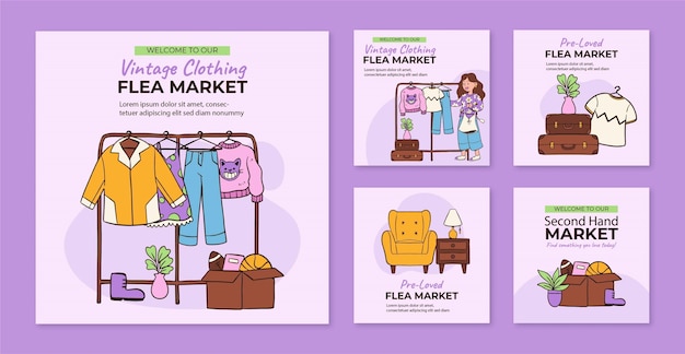 Vector hand drawn flea market shopping instagram posts collection