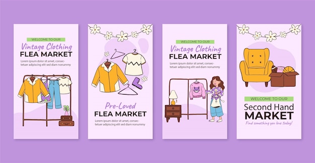 Vector hand drawn flea market shopping instagram stories collection