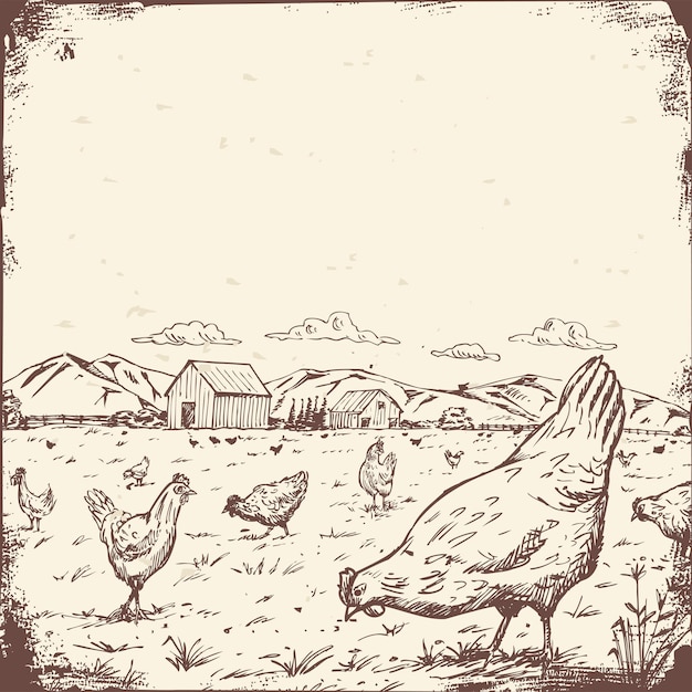 Vector hand drawn of a flock of free range chickens