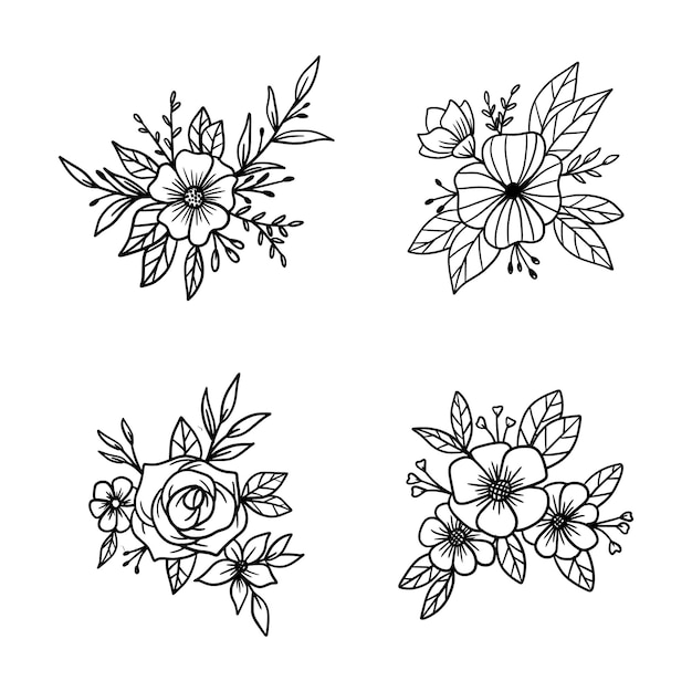 Hand drawn floral arrangement outlines flowers and leaves