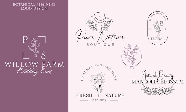 Vector hand drawn floral botanical logo bundle illustration collection for beauty natural organic premium