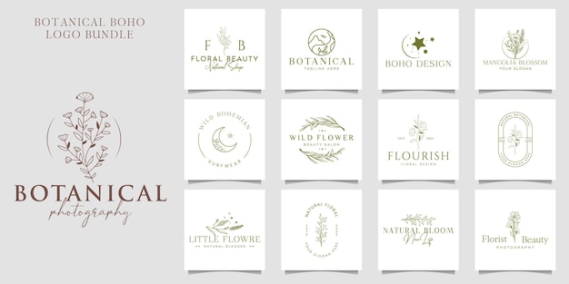 Raccolta dell'illustrazione del fascio di logo botanico floreale disegnato a mano per il premio organico naturale di bellezza