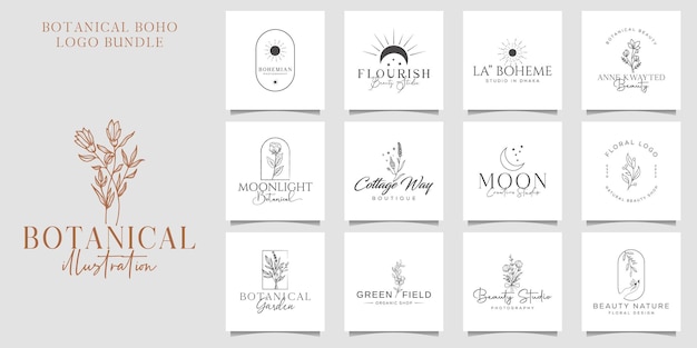 Hand drawn floral botanical logo bundle illustration collection for beauty natural organic vector