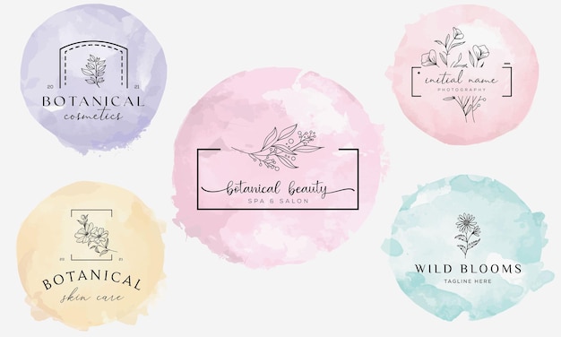 Vector hand drawn floral botanical logo illustration collection for beauty natural organic premium vector