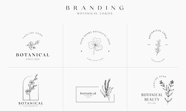 Hand drawn floral botanical logo illustration collection for beauty natural organic Premium Vector