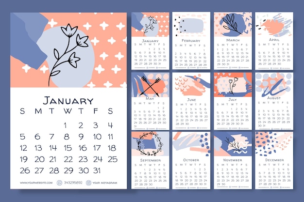 Vector hand drawn floral calendar 2020 template