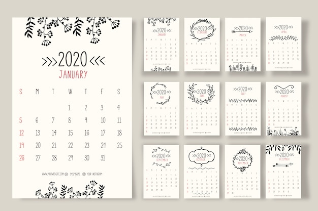 Hand drawn floral calendar 2020 template