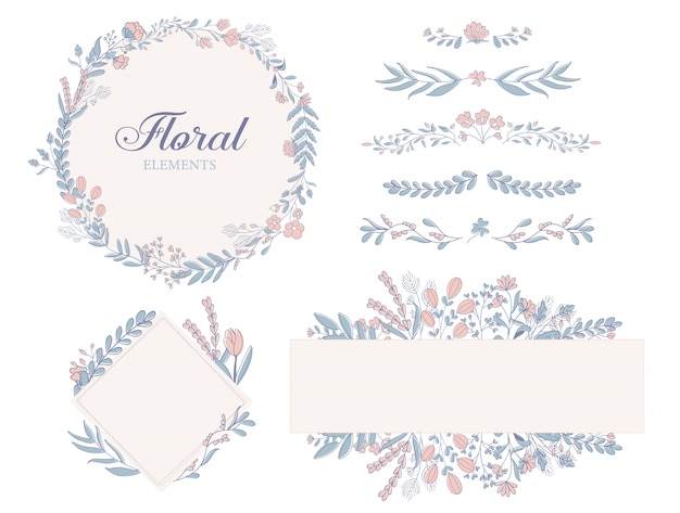 Vector hand drawn floral decoration elements, illustrations, frame, dividers collection.