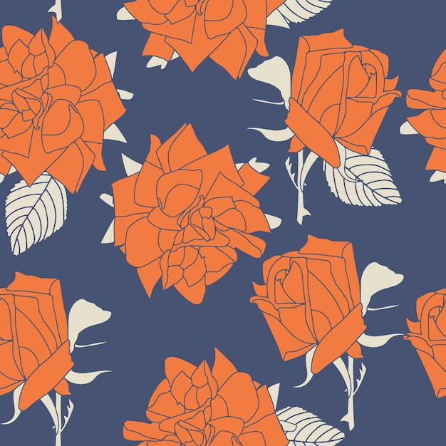 Hand drawn floral pattern. Red roses petals on blue background. Cute floral aesthetic composition
