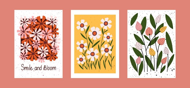 Hand drawn floral posters with blooming flowers inspirational quote and textured background