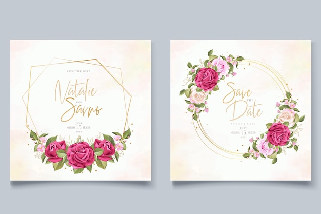 手描き花の赤いバラの招待カードセット