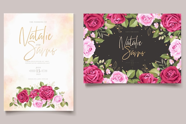 Hand drawn floral red roses invitation card set