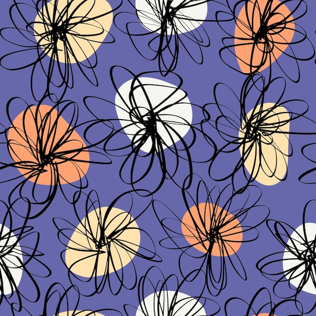 Hand-drawn floral seamless pattern. abstract scribble seamless pattern on purple background.