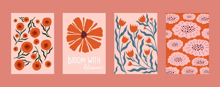 Vector hand drawn floral wall art set with bold red and pink flowers whimsical leaves