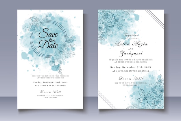 Hand Drawn Floral Wedding Card with Watercolor Splash