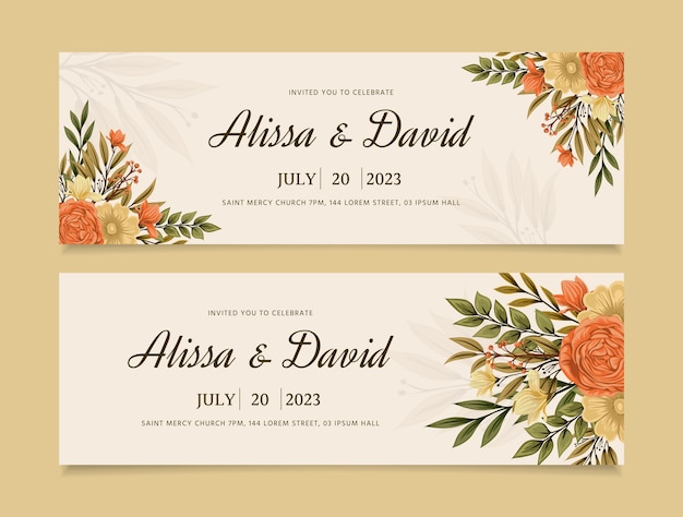 Vector hand drawn floral wedding horizontal banner