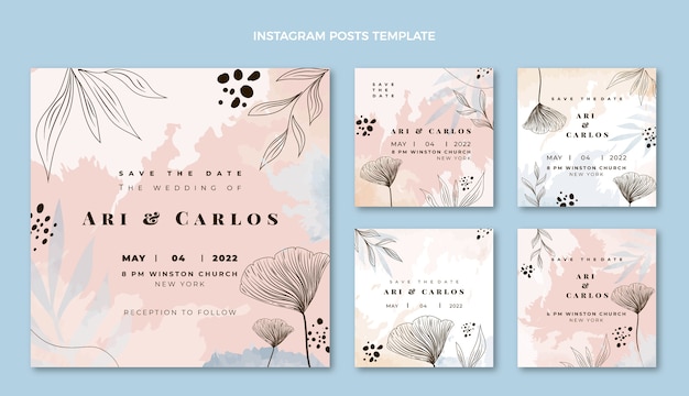 Vector hand drawn floral wedding instagram posts