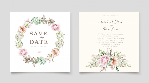 ベクトル 手描きの花の結婚式の招待カードテンプレート