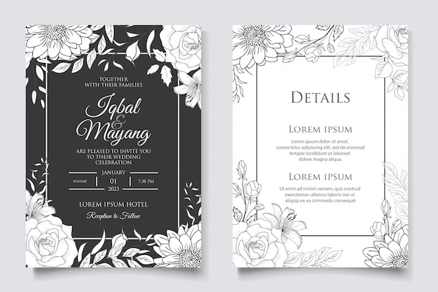 Hand drawn floral wedding invitation template