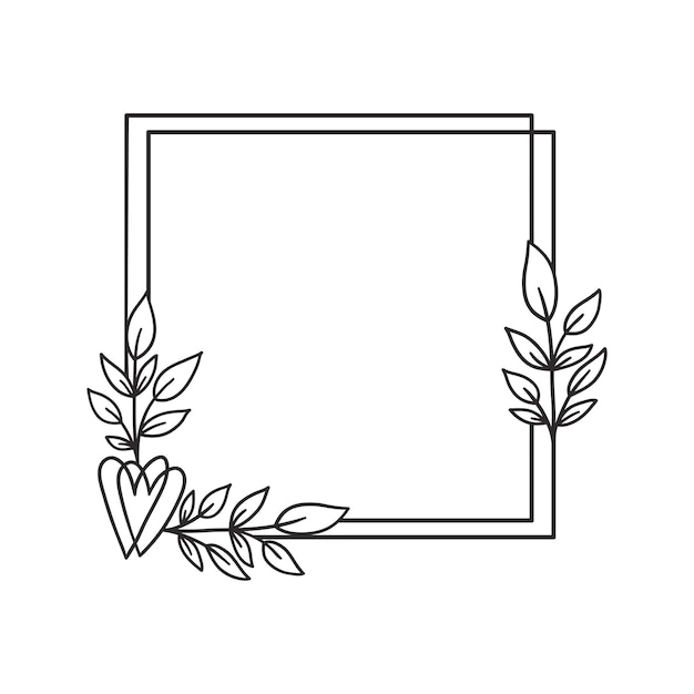 벡터 하트와 잎이 있는 손으로 그린 꽃 화환 모노그램 웨딩 로고를 위한 사각형 식물 프레임