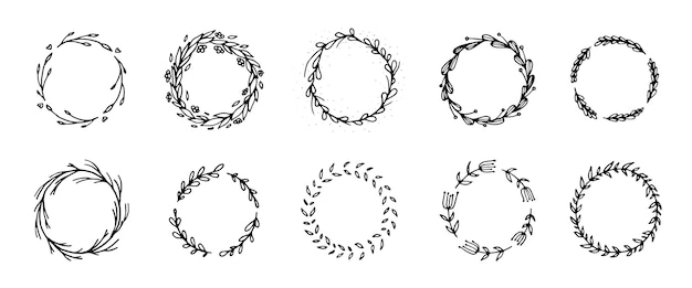 Hand drawn floral wreaths collection doodle style