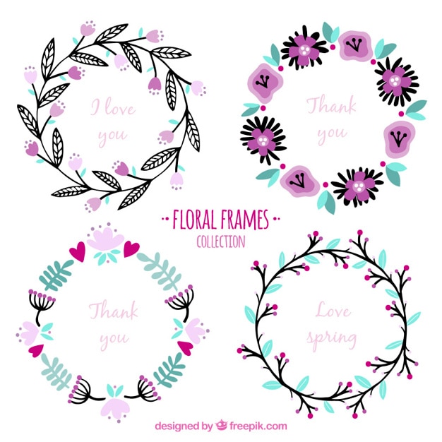 Hand drawn floral wreaths in pink tones