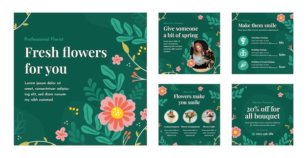 Vector hand drawn florist job instagram posts