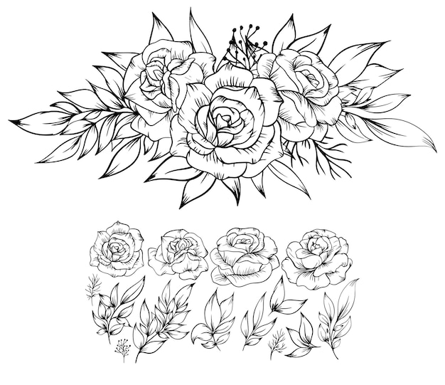 Hand drawn flower arrangement bouquet outline isolated