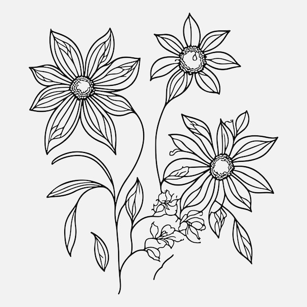 Hand Drawn Flower Black Outline Vector on White Background Flower Vector Flower Tattoo