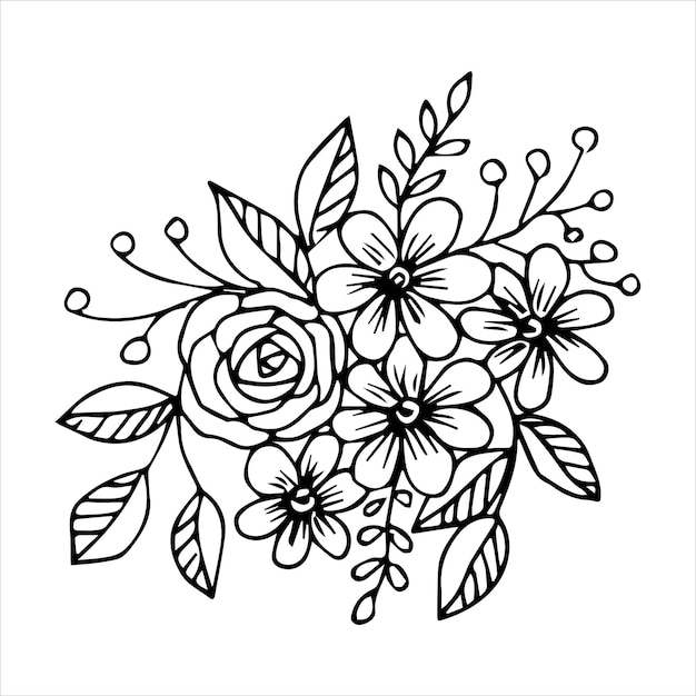 Disposizione di bouquet di fiori disegnati a mano in bianco e nero a colori doodle o schizzo vettore cartolina invito poster biglietto di auguri libro da colorare pagina