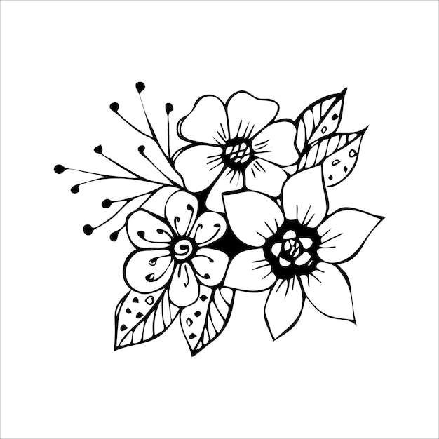 Hand drawn flower bouquet arrangement in black and white color doodle or sketch style