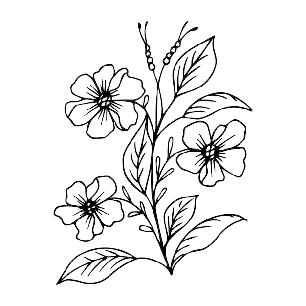 Hand drawn flower bouquet arrangement in black and white color doodle or sketch style