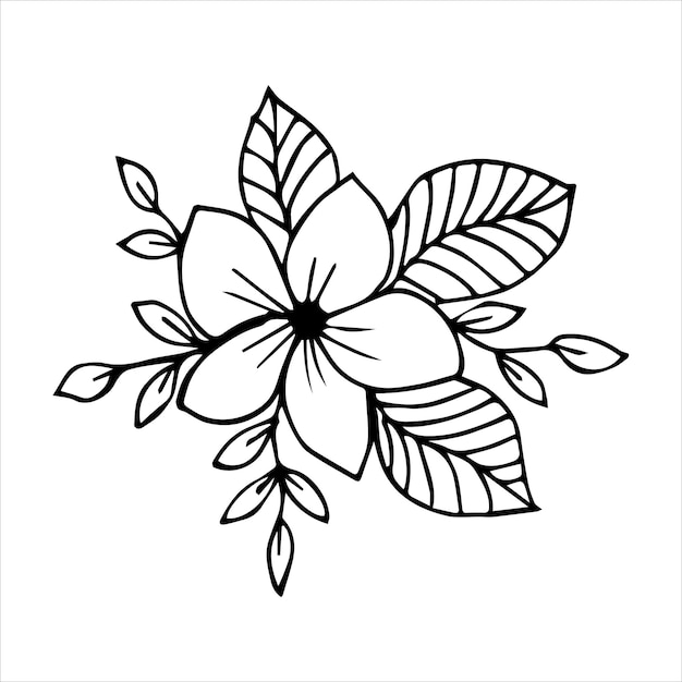 Disposizione di bouquet di fiori disegnati a mano in stile doodle o schizzo di colore bianco e nero