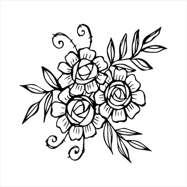 Disposizione di bouquet di fiori disegnati a mano in stile doodle o schizzo di colore bianco e nero