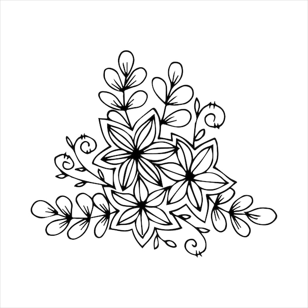 黒と白の色の落書きまたはスケッチスタイルの手描きの花の花束の配置p