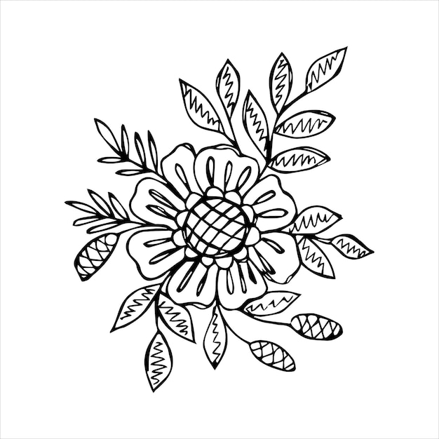 흑백 색상 낙서 또는 스케치 스타일의 손으로 그린 꽃 꽃다발 배열