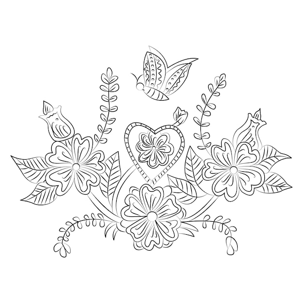 Hand drawn flower line art drawing with leaves for coloring page