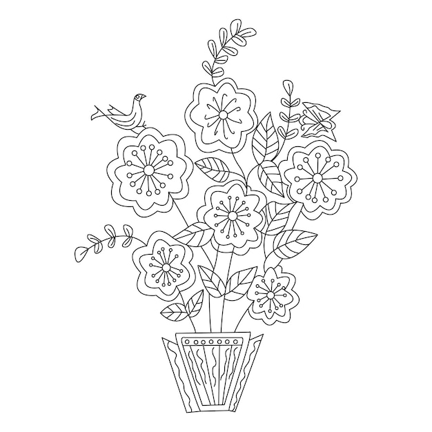 Вектор Ручной рисунок цветочной линии с листьями для раскраски страницы