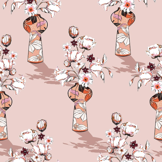 Hand drawn flower romantic floral with Modern vase ,seamless pattern, Design for fashion , fabric, textile, wallpaper, cover, web , wrapping and all prints light peach colour