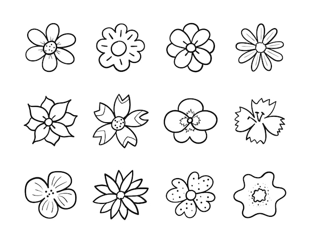 Набор рисованной цветок. линия цветочные коллекции в стиле эскиза каракули. простая векторная иллюстрация.