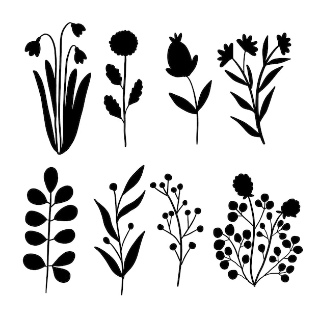 Vector hand drawn flower silhouette set