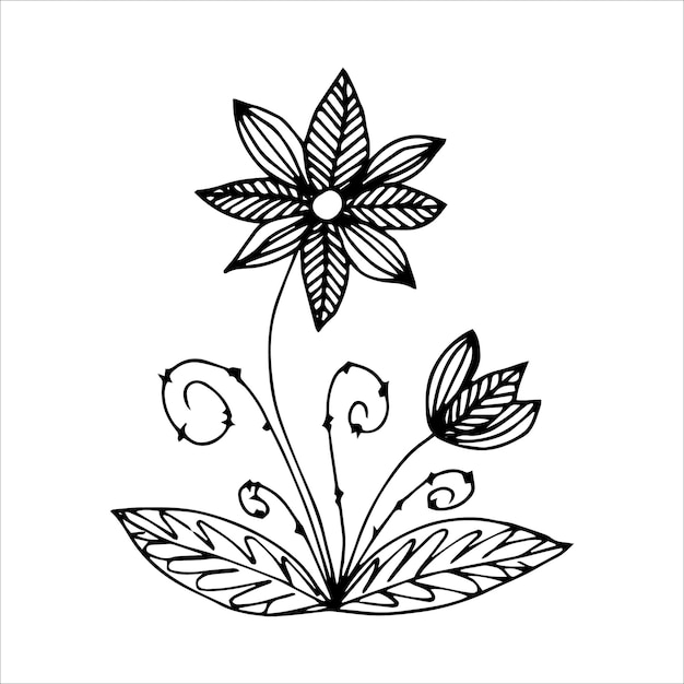 Elemento doodle singolo fiore disegnato a mano per colorare l'immagine vettoriale in bianco e nero