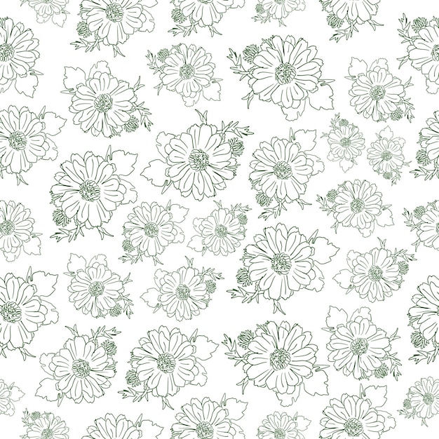 Hand drawn flower with big petals green linear art seamless pattern on a white background