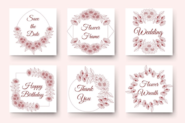 생일 새해 청첩장 카드를 위한 꽃 요소가 있는 손으로 그린 꽃 화환 디자인