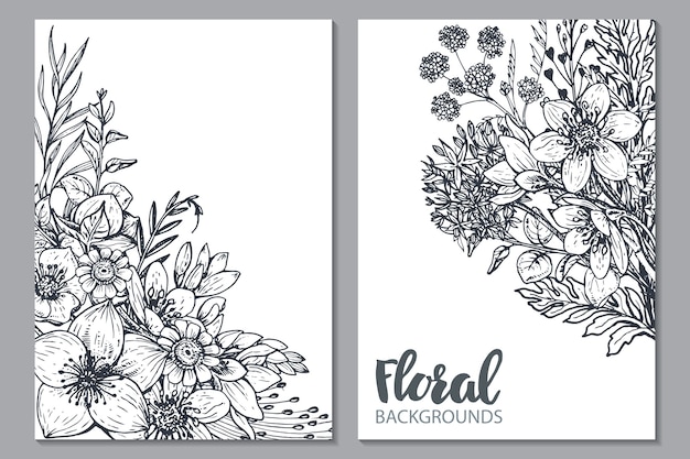 手描きの花や植物 スケッチ風のモノクロイラスト プレミアムベクター