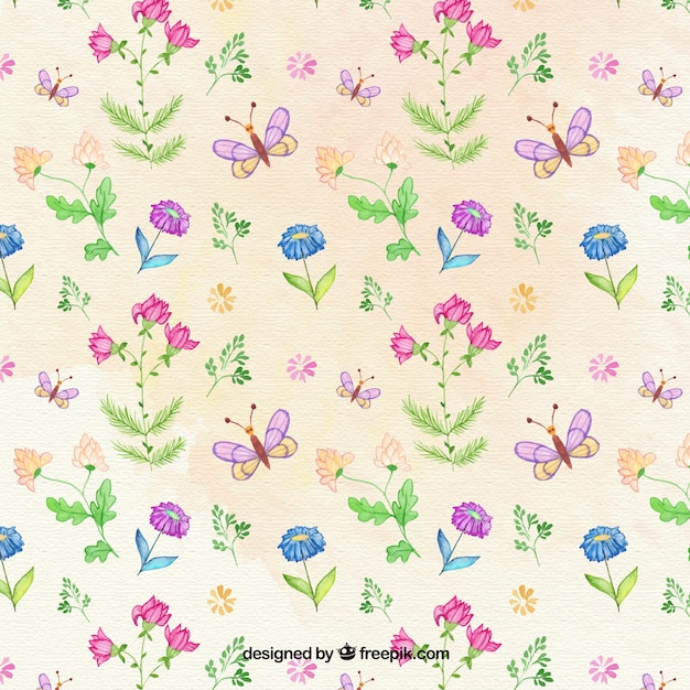 Vector hand drawn flowers and butterflies pattern