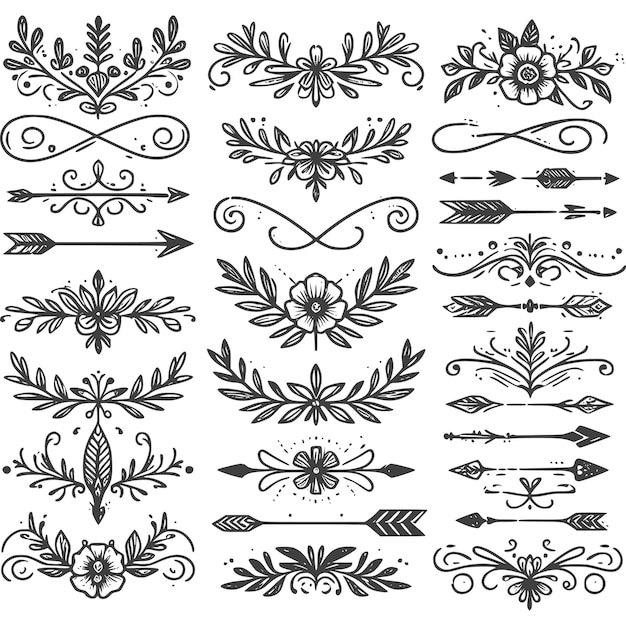 Hand drawn flowers and leaves vintage elements collection